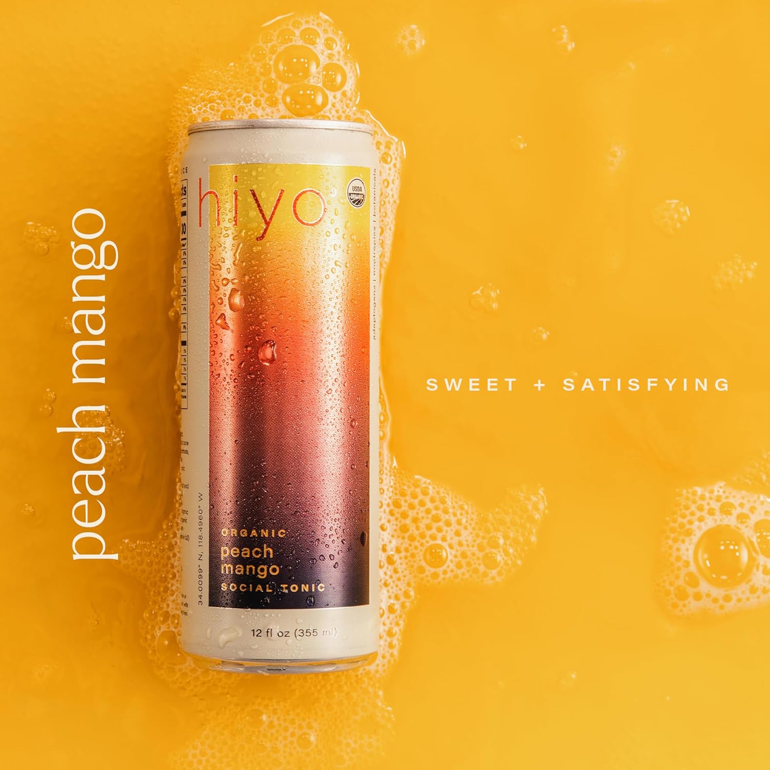 Hiyo Organic Social Tonic - Peach Mango, 12 Pack - N.A. Functional Seltzer, Sparkling Water Crafted with Organic Adaptogens, Nootropics & Botanicals