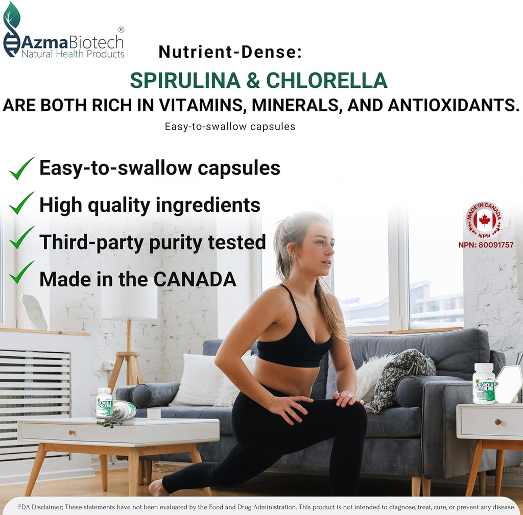 Organic Spirulina and Chlorella Capsules 500mg, 60 Count, 50/50 Blend, Vegan and Gluten-Free, High in Protein and Nutrients, Supports Energy and Immune Function, Made in Canada