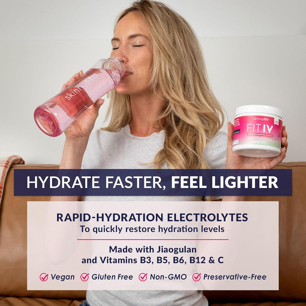 SkinnyFit - Fit IV Slimming Hydration Powder, Tropical Watermelon (Jar, 28 Scoops) - New & Improved Formula - Electrolytes, Vitamin C, Vitamin B3 - Vegan, Gluten Free, Dairy Free - Beauty & Self Care