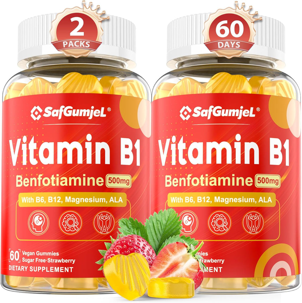 Vitamin B1 Gummies - Benfotiamine 500mg, Vitamin B1 B6 B12 Complex, Sugar Free, Non GMO, Vegan, 120 Counts