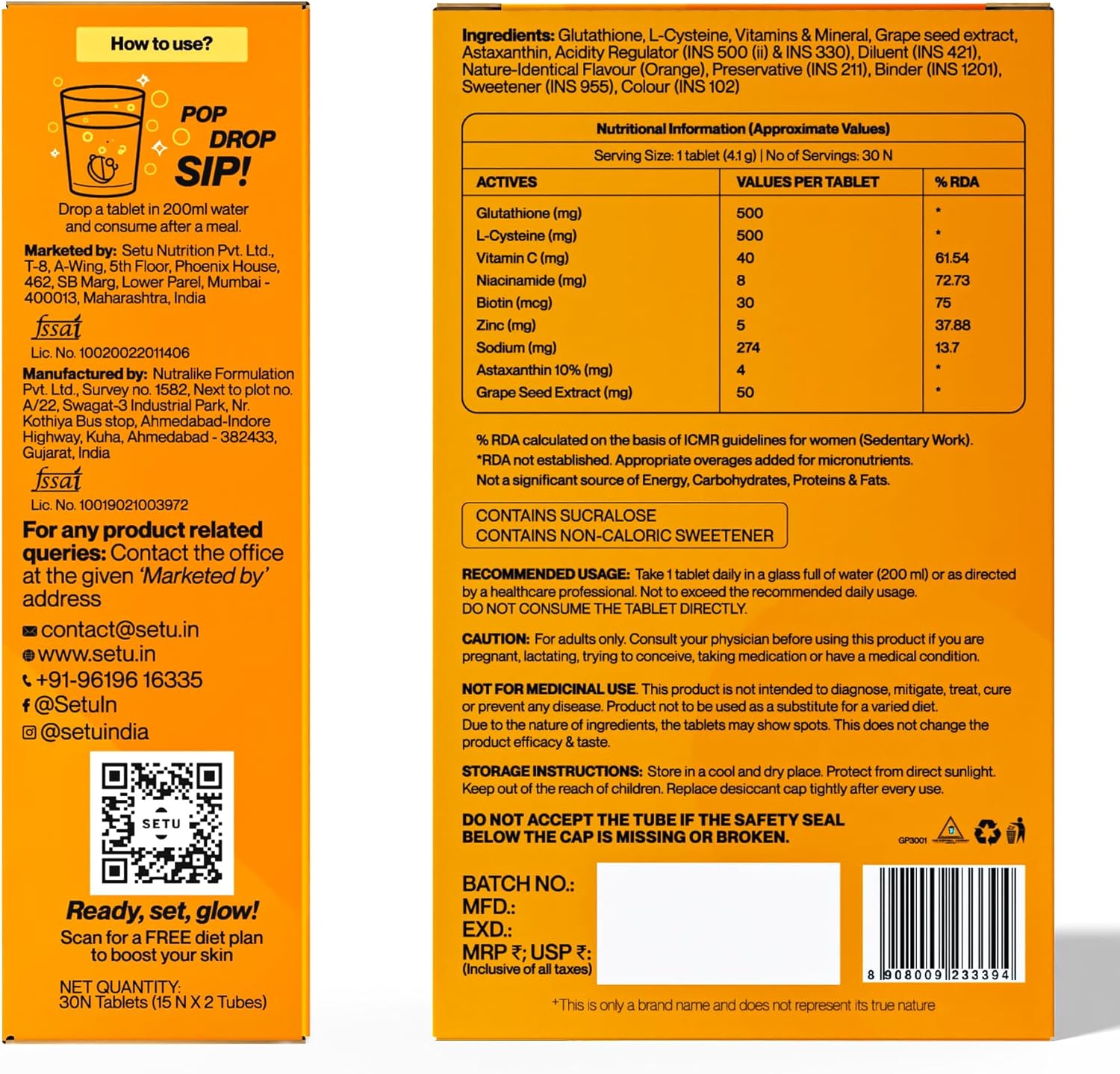 SETU Glutathione Effervescent Tablets with 500mg L-Glutathione & Vitamin C | Sugar-Free Antioxidant Supplement | Mixed Berry & Orange (Pack of 6) | 90 Tablets