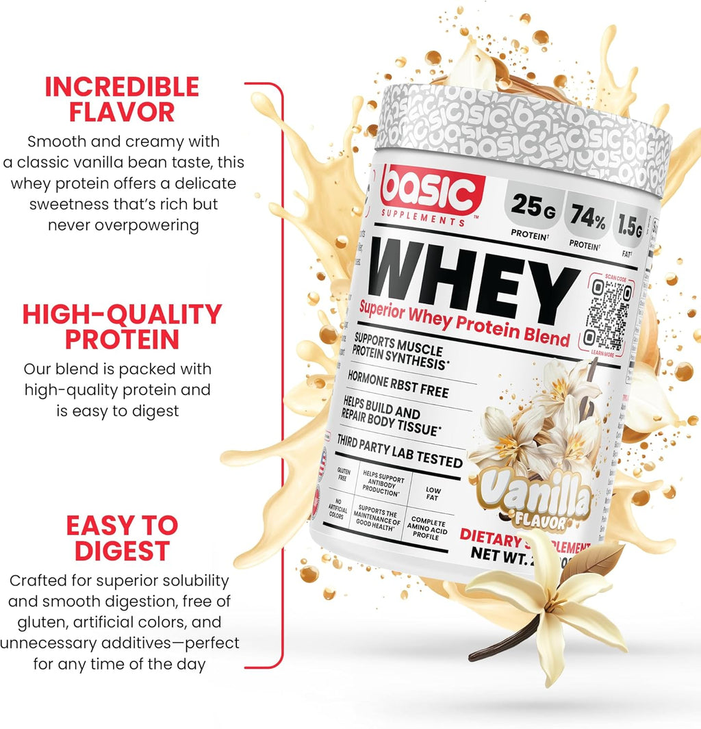 Whey Protein Powder, 25g Protein, Complete Amino Acid Profile, Gluten-Free, Low Fat, RBST-Free, Supports Muscle Recovery & Antibody Health (2 Pound, Vanilla)
