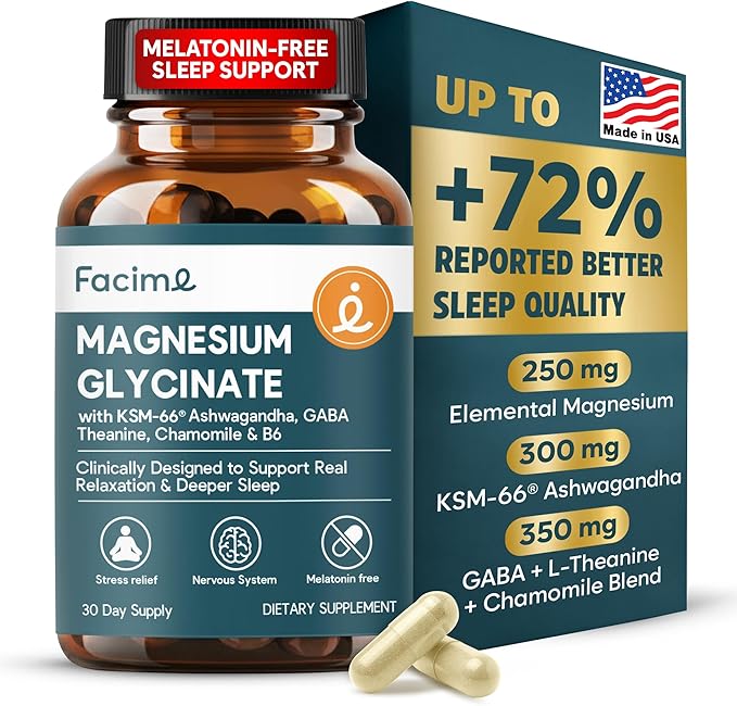 Natural Chelated Magnesium Glycinate Sleep Aid - Melatonin-Free Sleep & Stress Relief with KSM-66 Ashwagandha, GABA, L-Theanine & Chamomile for Muscle Relaxation - Made in USA - 90 Capsules