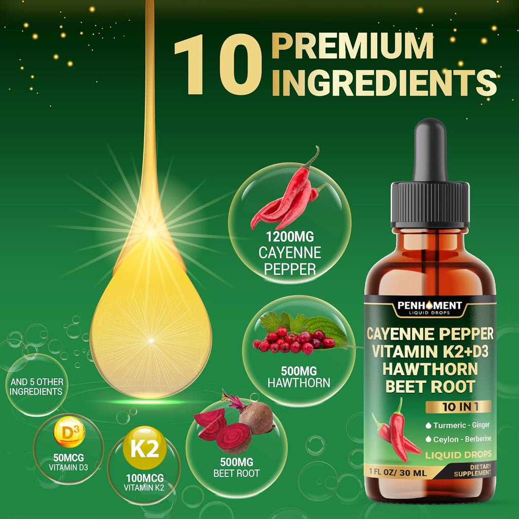 10in1 2700mg Cayenne Pepper Liquid Drops + Hawthorn Berry, Vitamin D3 K2 Beet Root Turmeric Ginger and More - Digestion Support - 1 Fl Oz - 2 Months Supply