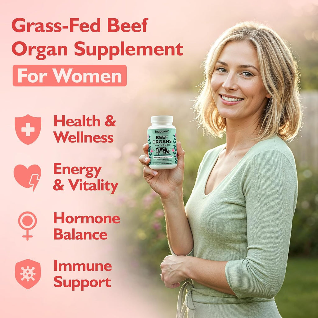 Happee Grass Fed Beef Organ Supplement for Women - Beef Liver, Heart, Kidney, Ovary & Uterus Blend - Hormone Balance, Energy & Wellness Support - Nutrient Rich Superfood - 90 Capsules