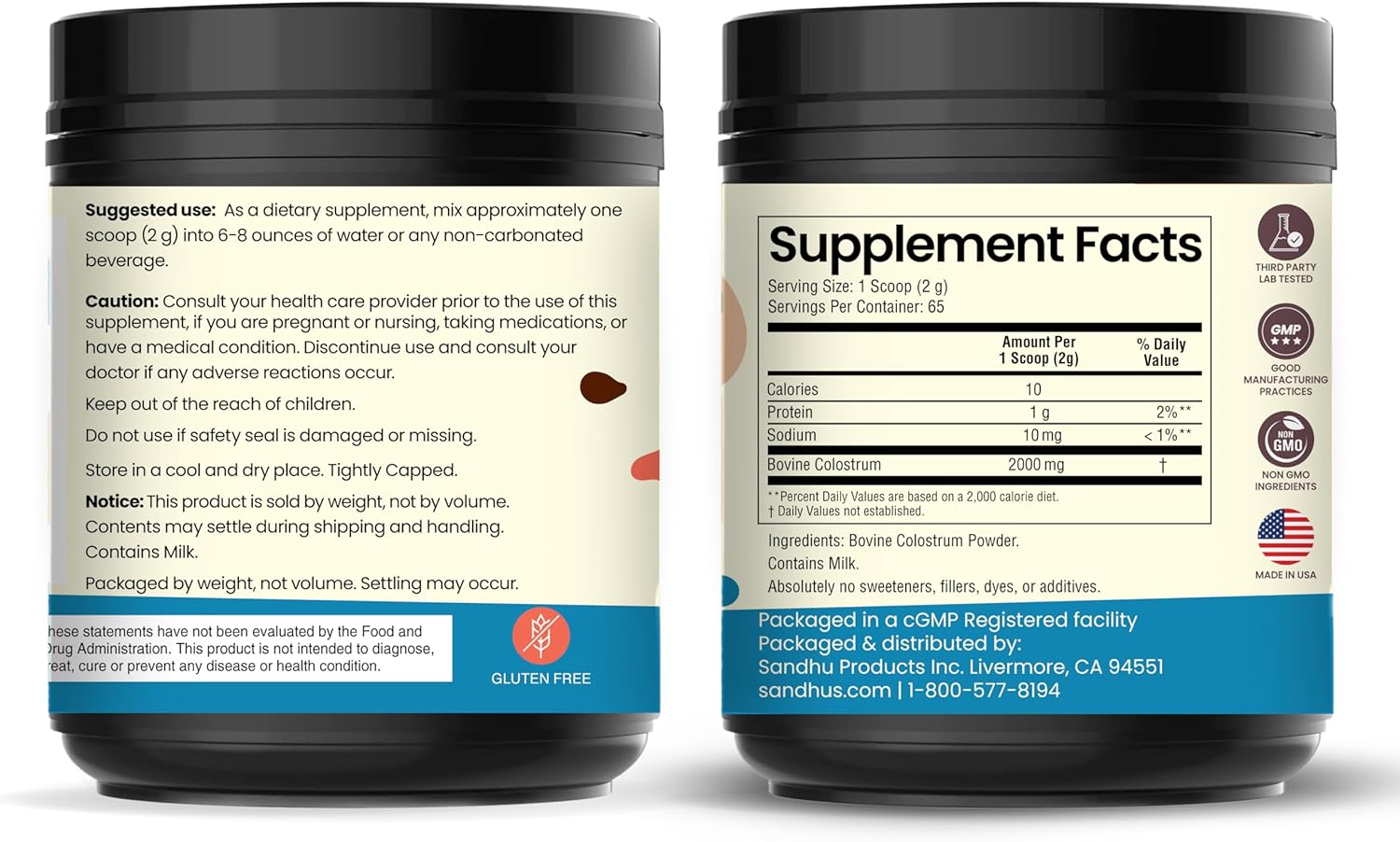 Sandhu's Grass Fed Bovine Colostrum Powder for Humans, Adults | 65 Servings (Pack of 1) Cows Supplement | High IgG for Gut Health | Immunity & Muscle Recovery Support | Unflavored | for Men & Women