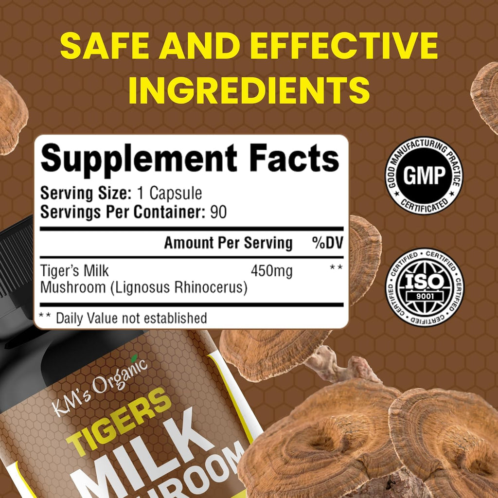 KM's Organic Tiger’s Milk Mushroom Supplement 10:1 Extract (Lignosus Rhinocerus) – Respiratory & Immune Support, Gut Health – 450 mg, 90 Vegan Capsules