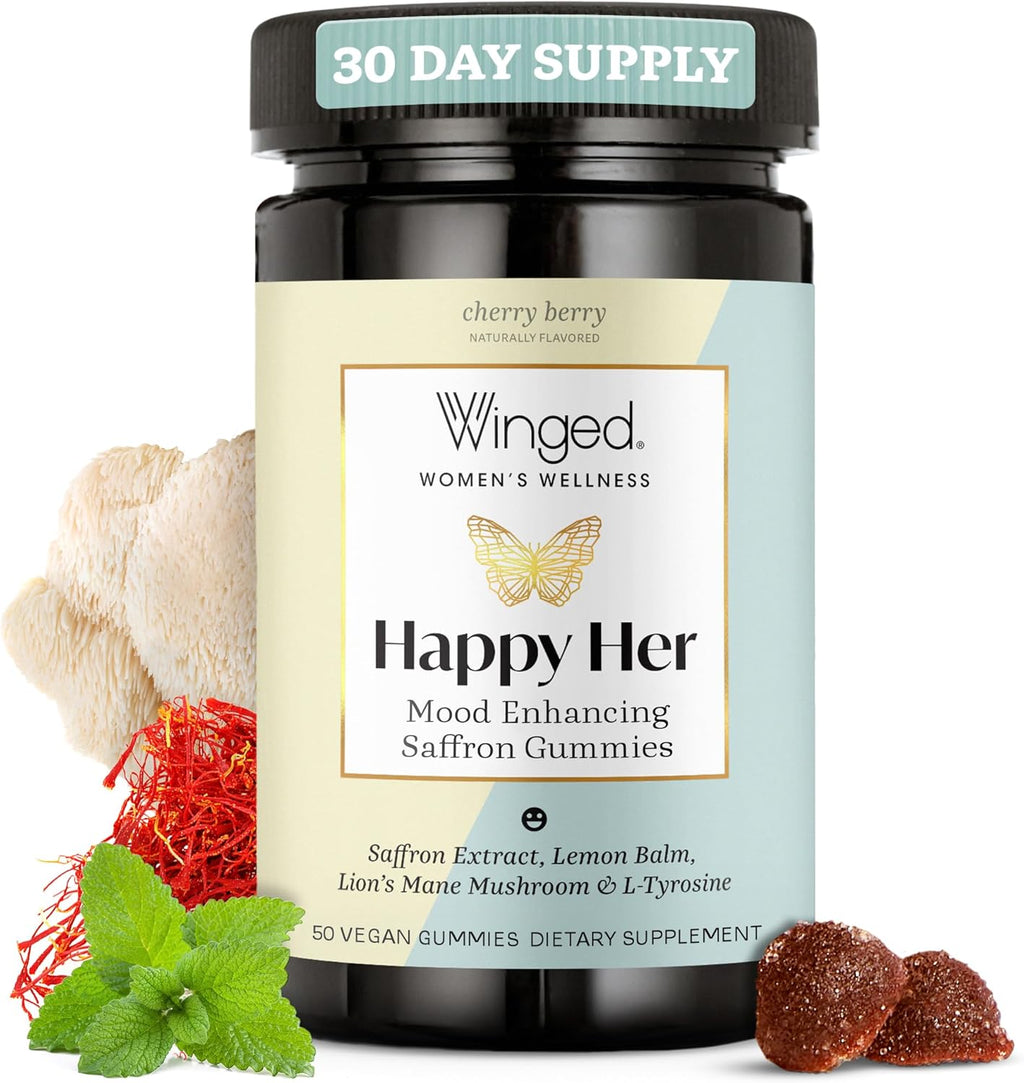 Winged Wellness Happy Her Mood Gummies - Daily Mood Enhancer Support Supplement for Women - Vitamin D with Saffron, Lemon Balm, & Lions Mane Mushrooms for Balance & Calming Relief - 50 Vegan Gummies