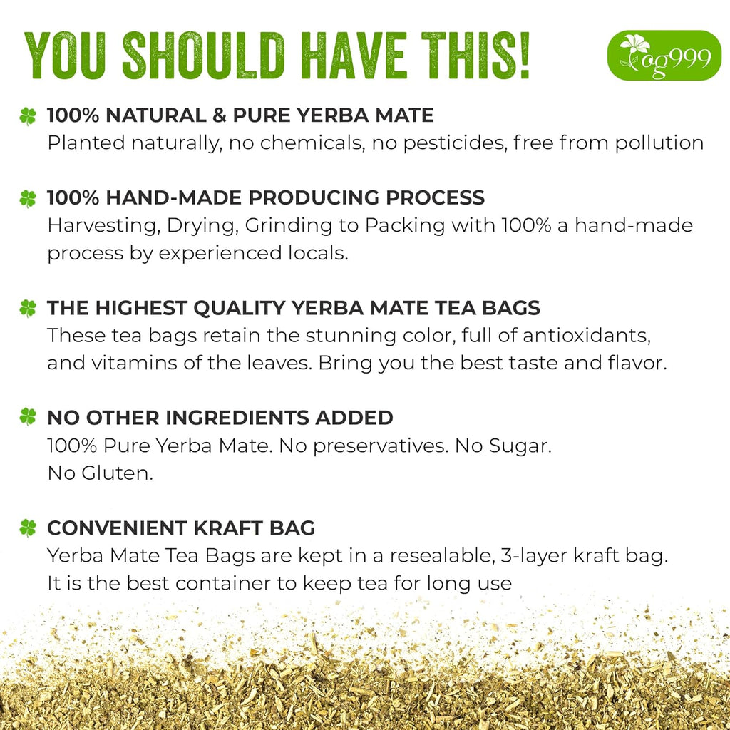 TOG999, 120 Tea Bags Yerba Mate, Hi-Caffeine, Unsmoked Yerba Mate Tea Bags, Super-Green Yerba Mate, No Dust, Fresh - Never Aged (Ilex Paraguariensis), Cultivated from Argentina - Rich in Antioxidants and Plant Nutrients.