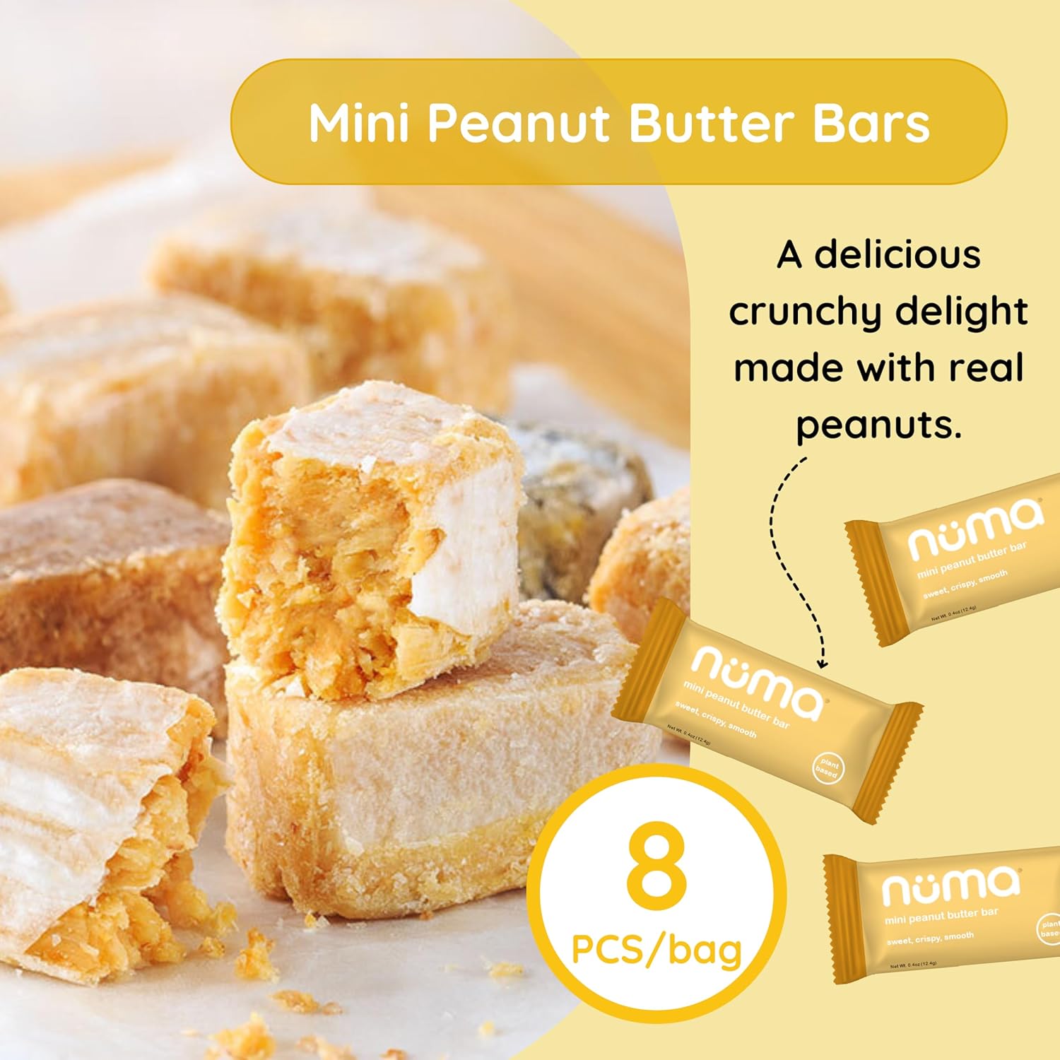 Numa Foods Mini Peanut Butter Bars – Vegan, Low Sugar, High Protein, All Natural, Gluten Free – Crunchy Plant Based Peanut Butter Snacks – 3 Bags with 8 Individually Wrapped PB Bites