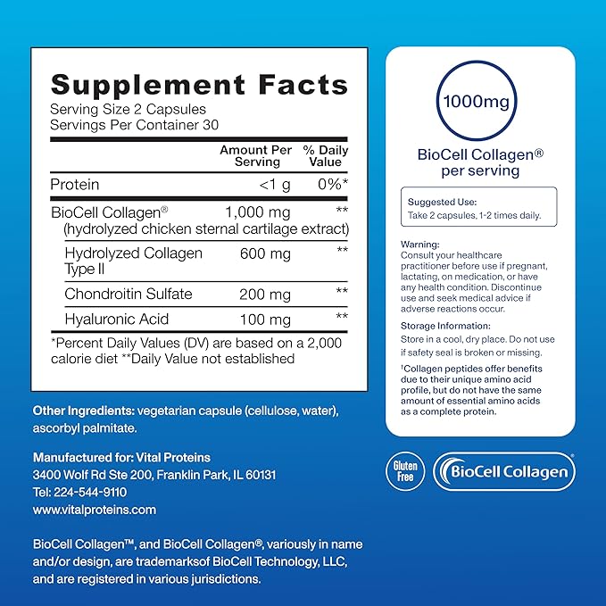 Vital Proteins® Enhanced Collagen Complex Capsules with BioCell Collagen® - Supports Skin Elasticity, Joint Health and Helps Reduce Fine Lines & Wrinkles (1) - 60 Count