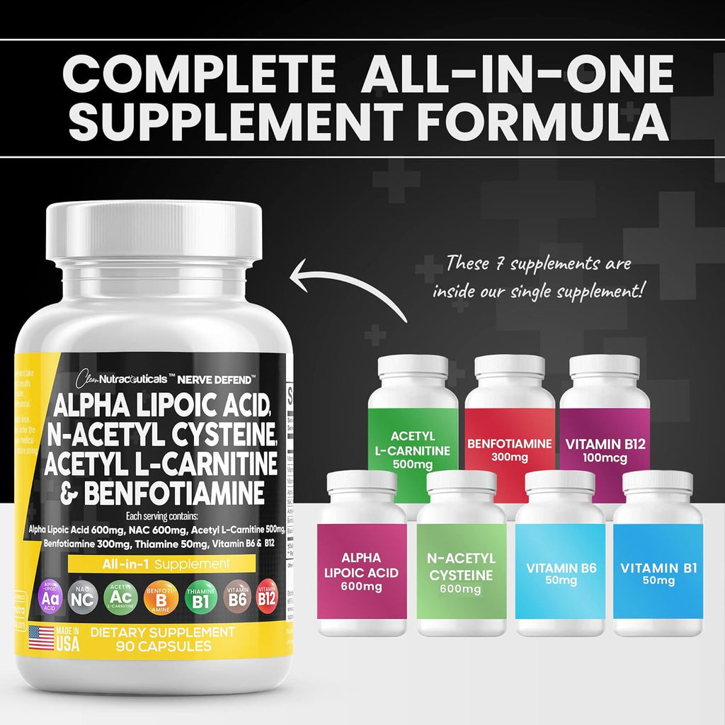 Alpha Lipoic Acid 600mg N-Acetyl Cysteine 600mg Acetyl L-Carnitine 500mg Benfotiamine 300mg - Nerve Support Supplement for Women and Men with Vitamin B1, B6 & B12 - Made in USA 90 Caps