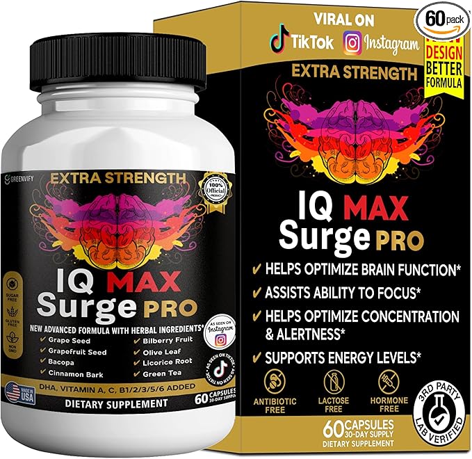 IQ Max Surge Pro Brain Supplement, Extra Strength with Herbal Ingredients, 60 Capsules, 30-Day Supply (1)