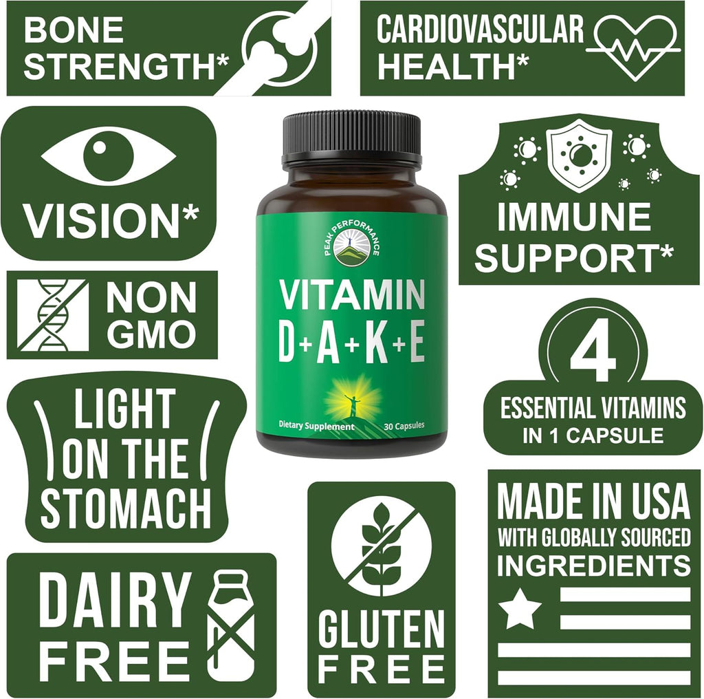 DAKE Vitamin Supplement. Essential Vitamins D 5,000 iu + A + K + E All In 1 Easy to Swallow Vegan Capsule. ADK Vitamin Supplement With E D3 K2. Essential Vitamins For Mood, Immune, Bone, Vision, Heart