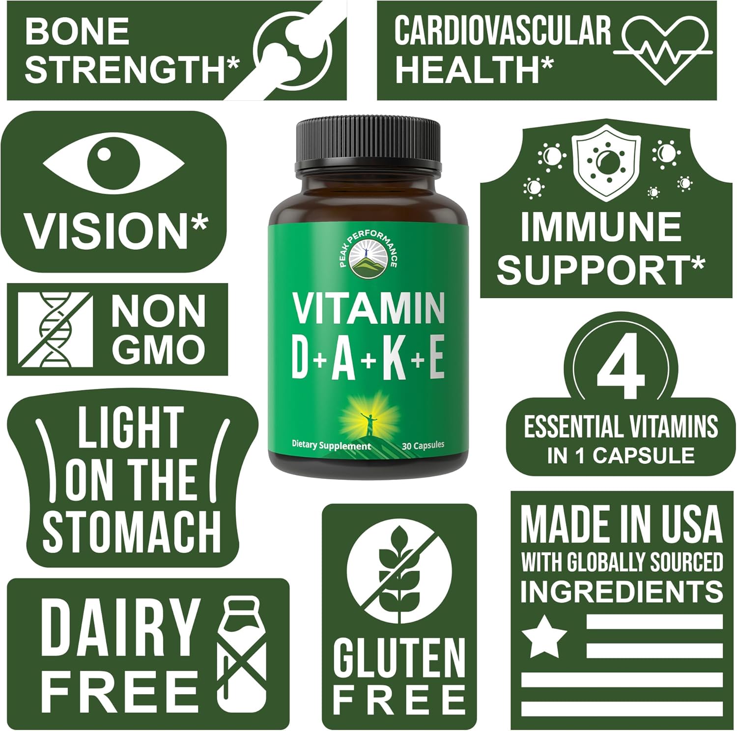 DAKE Vitamin Supplement. Essential Vitamins D 5,000 iu + A + K + E All In 1 Easy to Swallow Vegan Capsule. ADK Vitamin Supplement With E D3 K2. Essential Vitamins For Mood, Immune, Bone, Vision, Heart