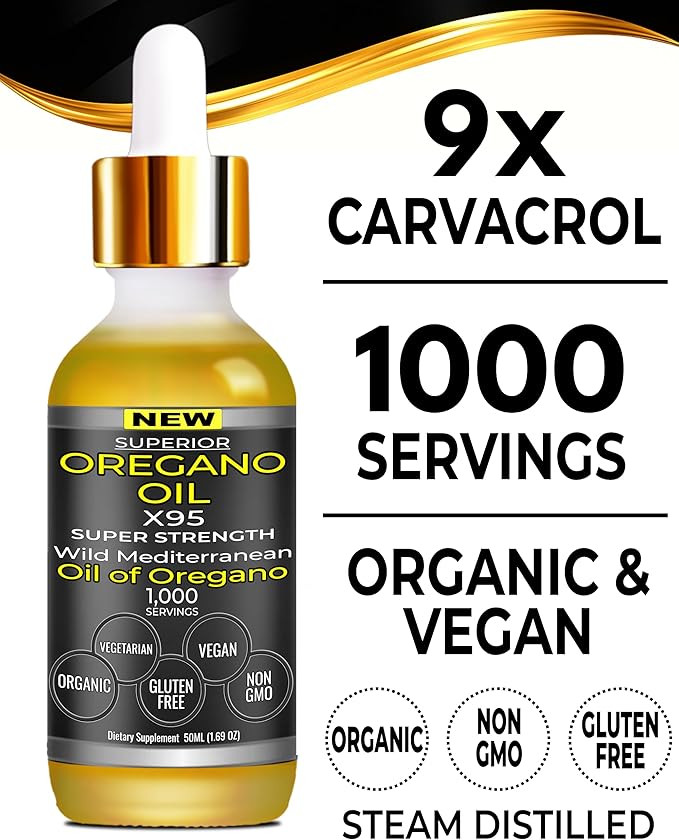 Organic Oregano Oil Drops - 1,000 Servings, 12 Month Supply, Wild Oil of Oregano 9X Carvacrol, Immune & Digestive Support, Non-GMO, Food Grade Herbal Supplement, Alternative to oil of Oregano Tincture