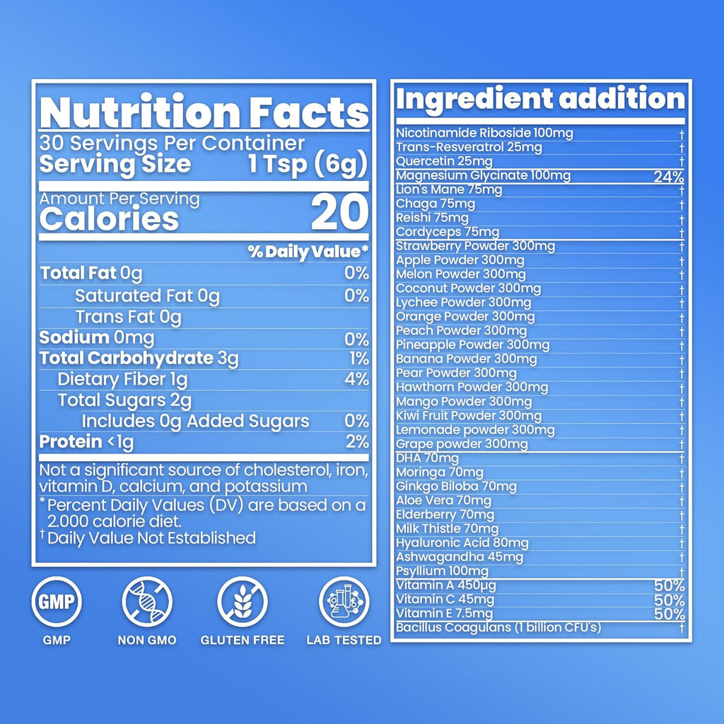 Superfruit Longevity Mix, 36 in 1, Magnesium Glycinate, Mushrooms, Nicotinamide Riboside – Calm, Skin & Anti-Aging Support | Probiotics, 15 Fruits | No Sugar Added, Vegan, Gluten Free, 30 servings