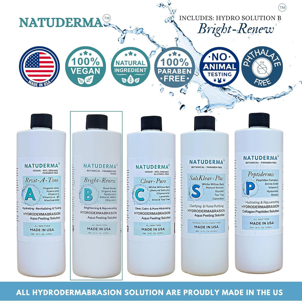 Hydrodermabrasion Solutions Set | Brightening Rejuvenating Serum for Hydro Dermabrasion Machine and Oxygen Facial, Bright-Renew of 16oz | and Super Vitamin C Serum of 1oz by Natuderma