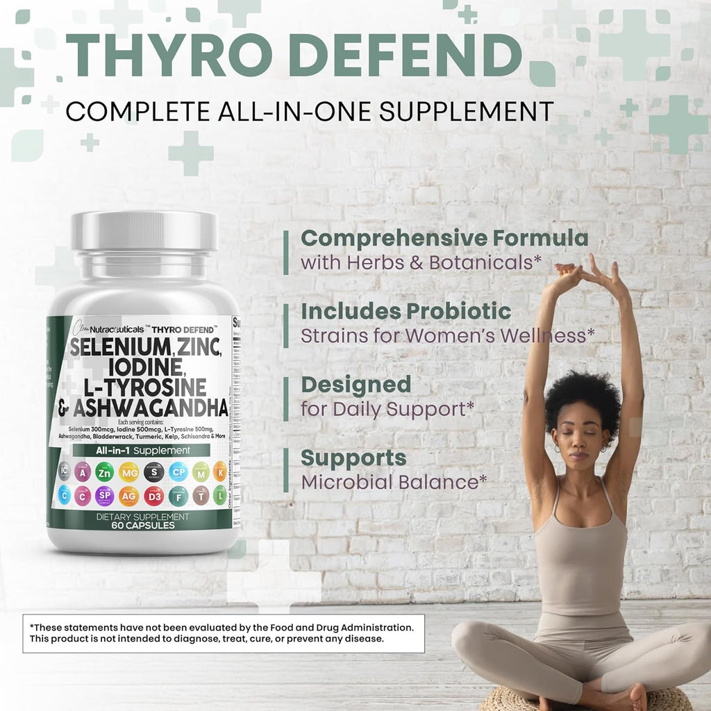 Clean Nutra Selenium 300mcg Iodine 500mcg Thyroid Support for Women & Men | L Tyrosine 500mg Ashwagandha Supplement Bladderwrack, Turmeric, Kelp, Schisandra Zinc Pills Capsule Supplements
