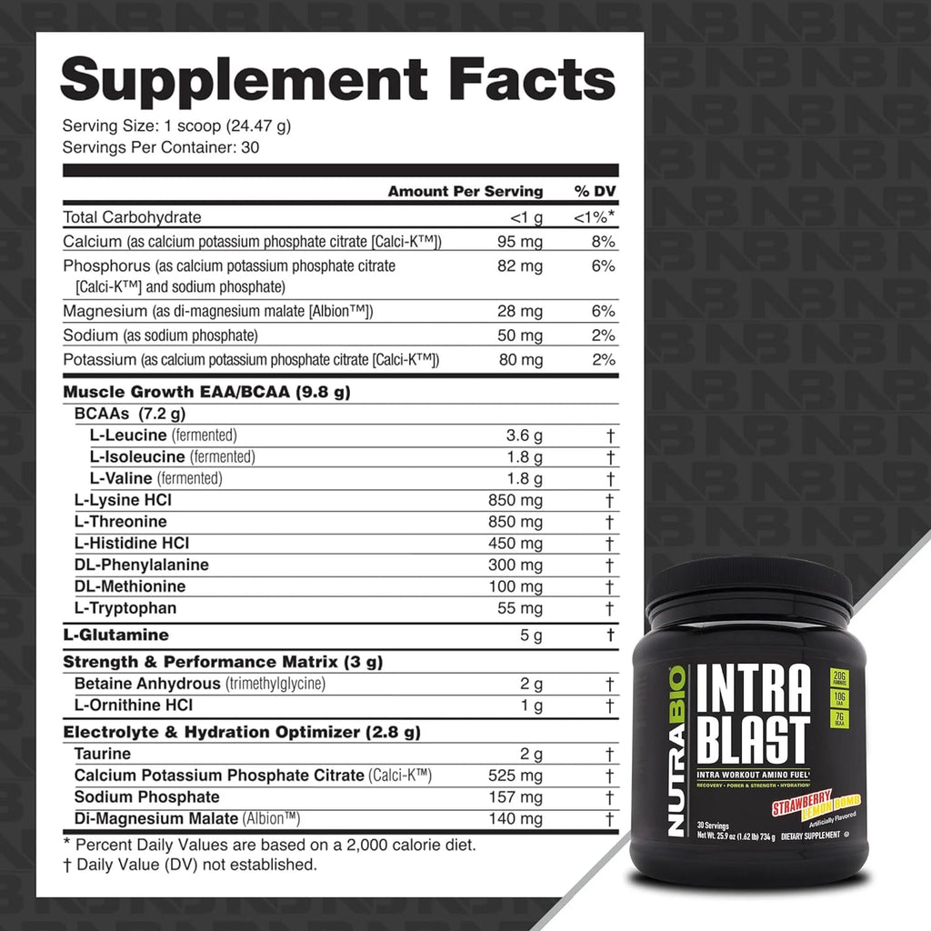NutraBio Intra Blast Bcaa Powder Amino Acid Supplement, Electrolyte & Hydration Blend, Intra, Pre Workout & Muscle Recovery, 20g Eaa Amino Acids Powder, 5g Glutamine- Strawberry Lemon Bomb, 30 Serving