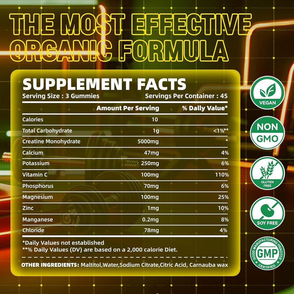 Zipvit Creatine Monohydrate Gummies (5g) – Pre-Workout Energy & Muscle Growth Support for Men & Women | Pineapple Electrolyte Gummies (135 Count)
