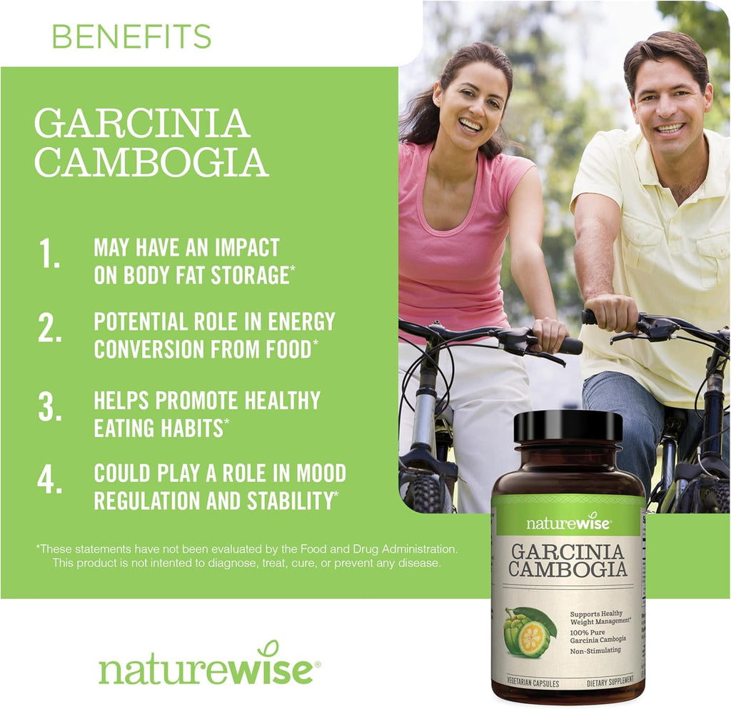 Naturewise Garcinia Cambogia - 60% HCA Concentration Extract, Natural Support for Weight Goals and Energy Levels - Vegan, Non-GMO, Gluten Free - 90 Capsules[1-3 Month Supply]