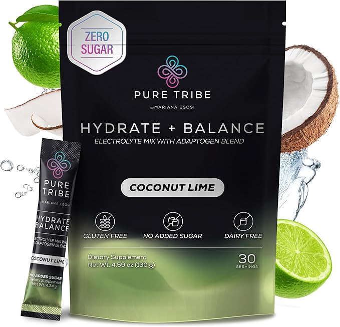 Hydrate + Balance Electrolytes Powder Packets – Vegan & Sugar-Free Hydration Packets with 6 B Vitamins & Adaptogens – Coconut Lime Drink for Instant Hydration & Energy – 30 Stick Servings
