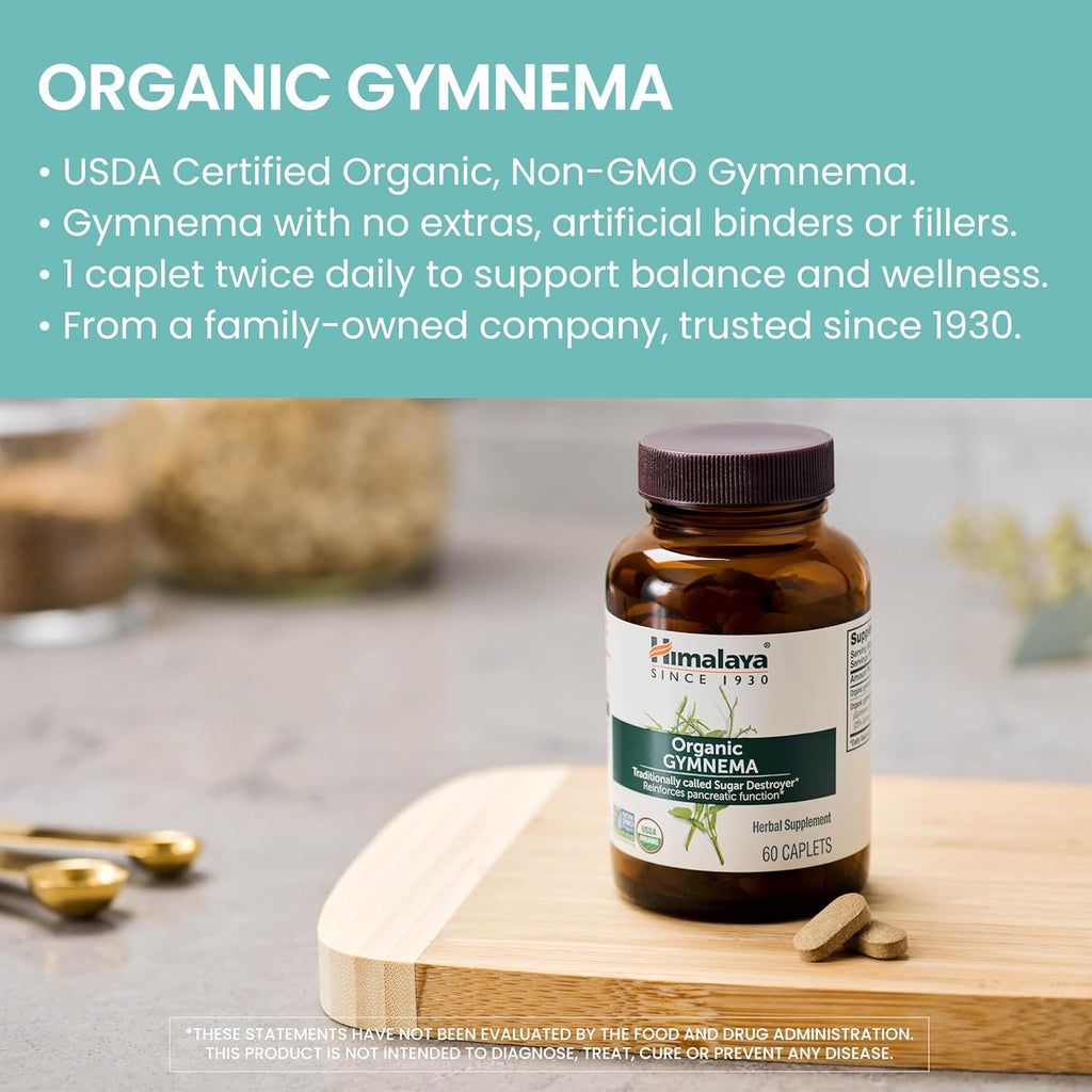 Himalaya Organic Gymnema Sylvestre Herbal Supplement USDA Certified Organic, Non-GMO, 700 mg, 30 Plant-Based Caplets, 2 Pack