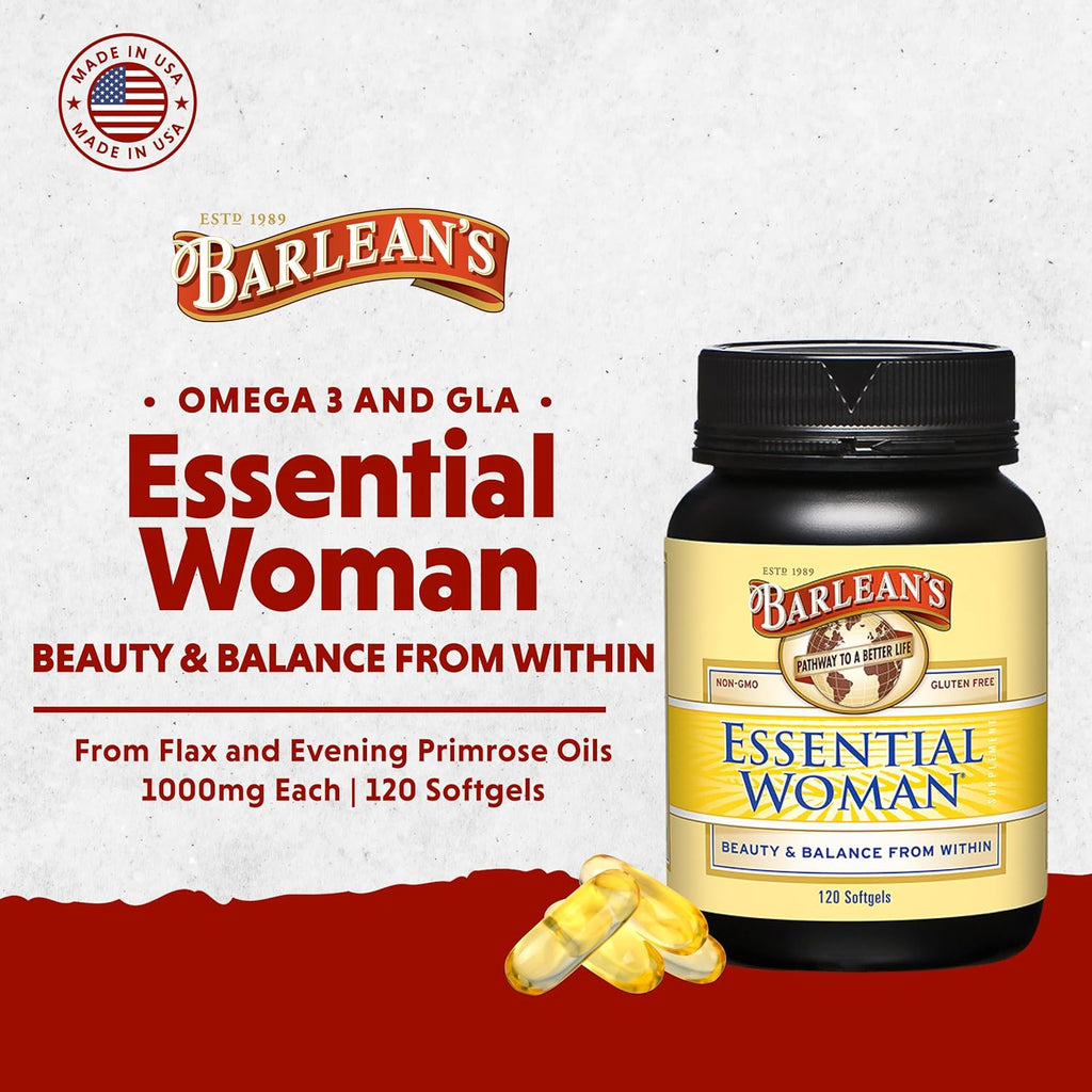 Barlean's Essential Woman Supplement Capsules, Women's Flaxseed and Evening Primrose Oil for Hormone Balance, Omega 3 6 9 and GLA Acid, 120 Count