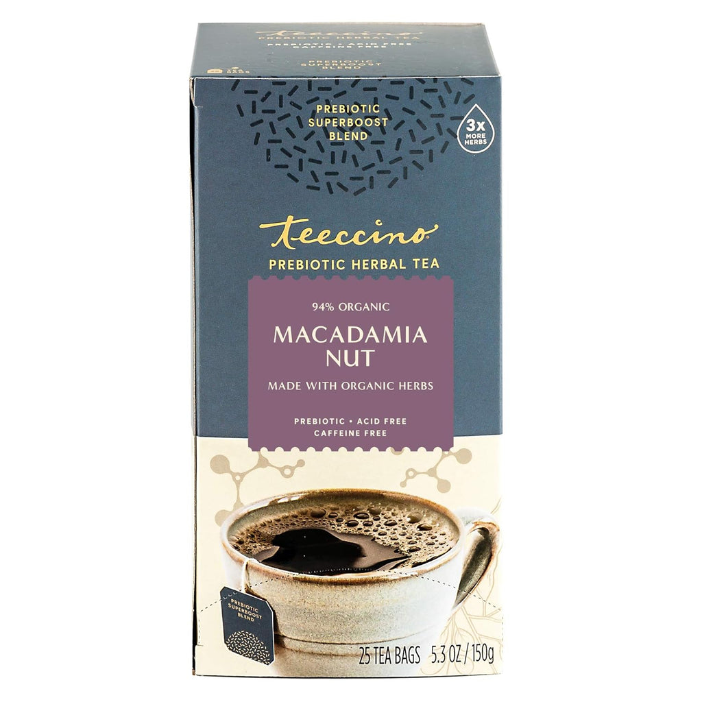 Teeccino Macadamia Nut - Prebiotic SuperBoost™ Herbal Tea - Support Your Probiotics with Vegan GOS & Organic XOS For Good Gut Health - Digestive Dessert Tea, 25 Tea Bags
