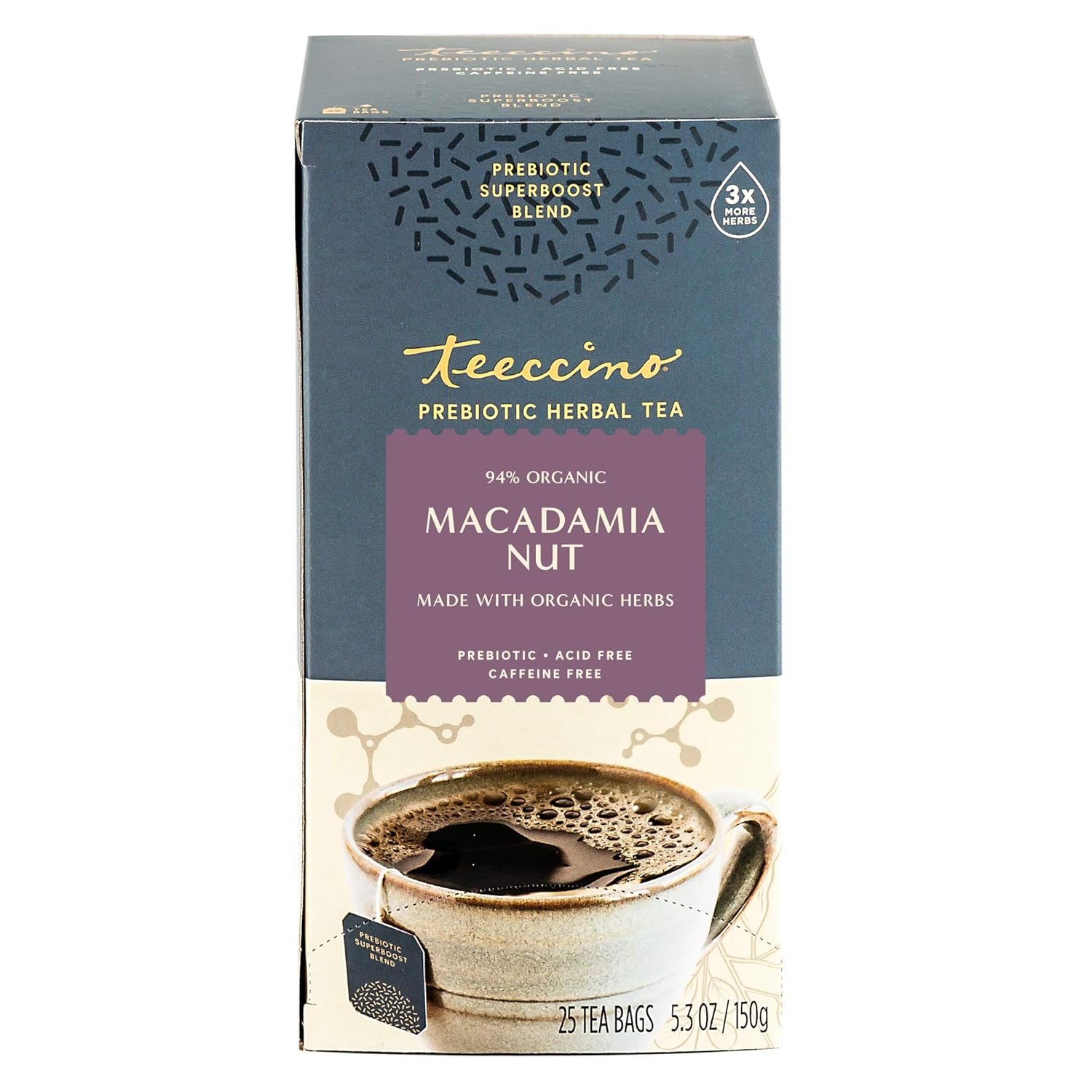 Teeccino Macadamia Nut - Prebiotic SuperBoost™ Herbal Tea - Support Your Probiotics with Vegan GOS & Organic XOS For Good Gut Health - Digestive Dessert Tea, 25 Tea Bags