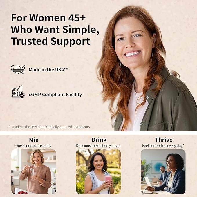 Women’s 45+ All-in-One Multivitamin Powder, 33 Ingredients, Menopausal Well-Being Support, Probiotics for Digestive Support, Mixed Berry, 30 Servings