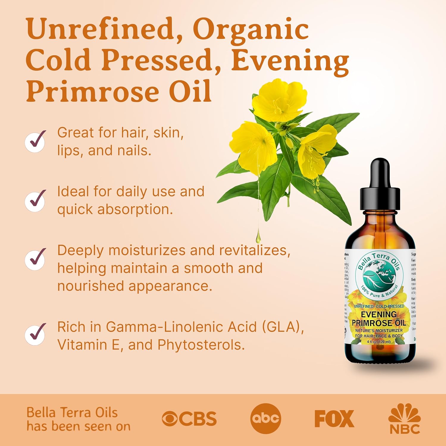 Bella Terra Oils Pure Evening Primrose Oil for Radiant Skin and Lustrous Hair – 1 gallon, Nutrient-Rich, Non-Greasy, Quick Absorb