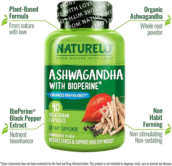 NATURELO Ashwagandha Organic Root Powder - Natural Herbs Supplement for Fatigue, Stress Relief, Mood Enhancer - with Black Pepper Extract - 90 Vegan Capsules