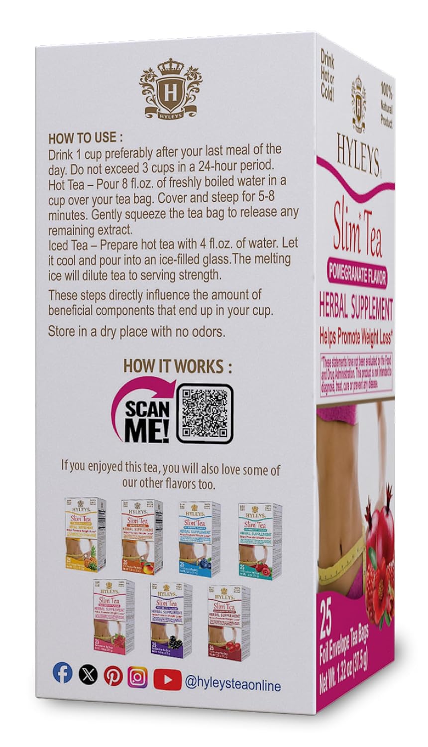 Hyleys Slim Tea Pomegranate Flavor - Weight Loss Herbal Supplement Cleanse and Detox - 25 Tea Bags (1 Pack)