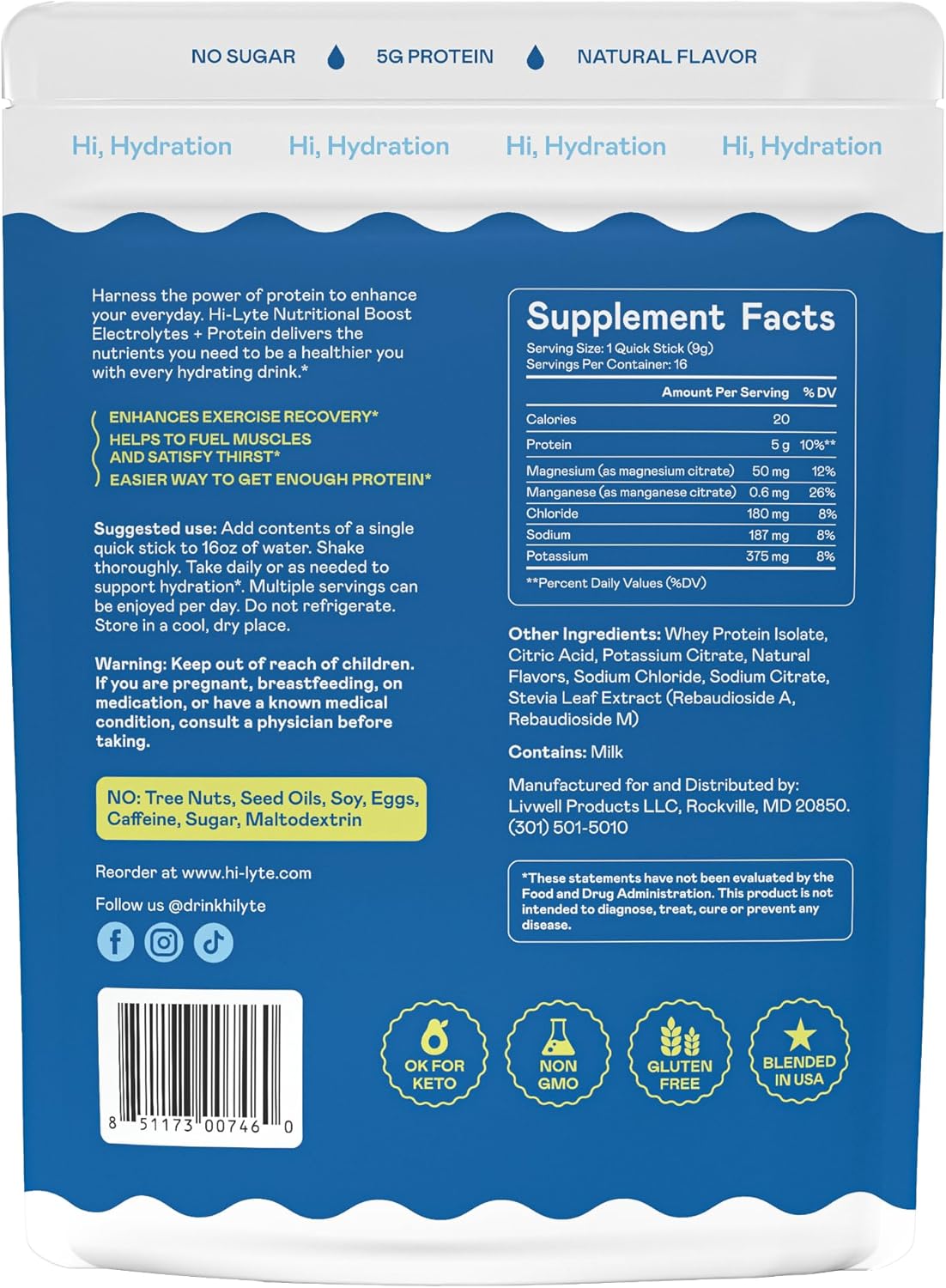 Hi-Lyte Electrolytes + Protein Quick Sticks Raspberry Lemon, 16 Servings