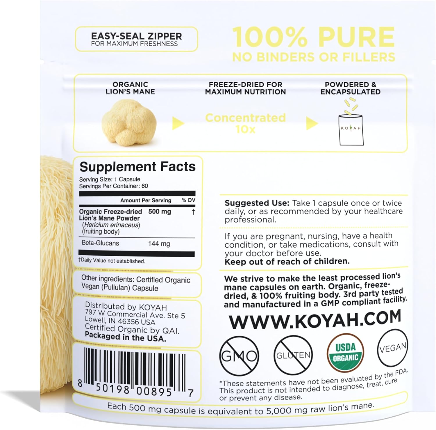 KOYAH - Organic Lion's Mane Mushroom Capsules - USA Grown, 100% Fruiting Body, Freeze-Dried, 3rd Party Tested for Beta-Glucans, 500 mg, Brain & Nerve Support. Immune Support. 60 Capsules