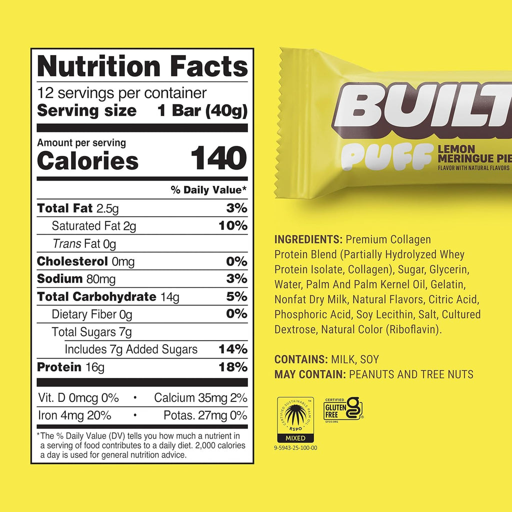 Built Bar Puff Protein Bars, Lemon Meringue Pie, Collagen, On-the-go Snacks, Gluten Free, 12 Pack