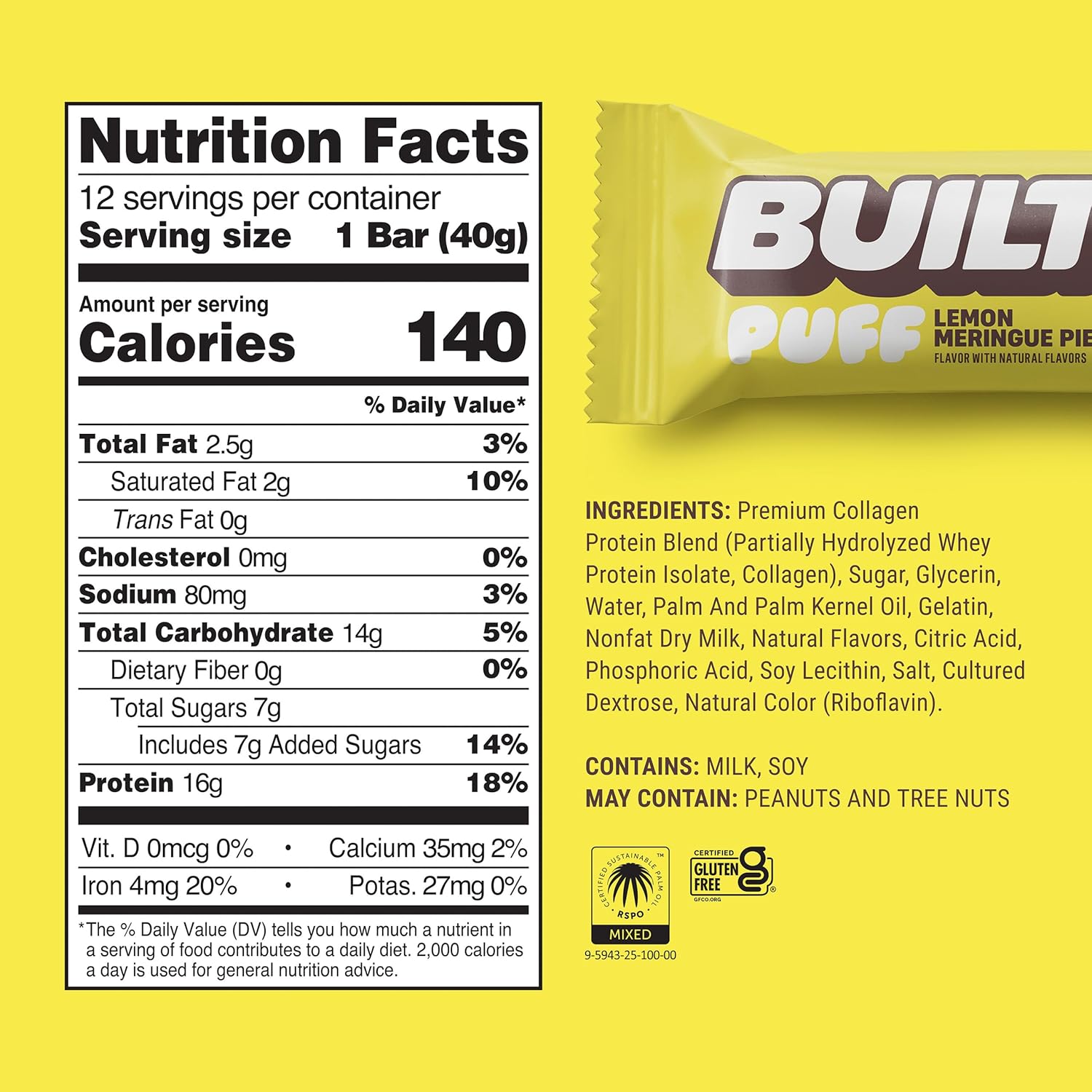 Built Bar Puff Protein Bars, Lemon Meringue Pie, Collagen, On-the-go Snacks, Gluten Free, 12 Pack