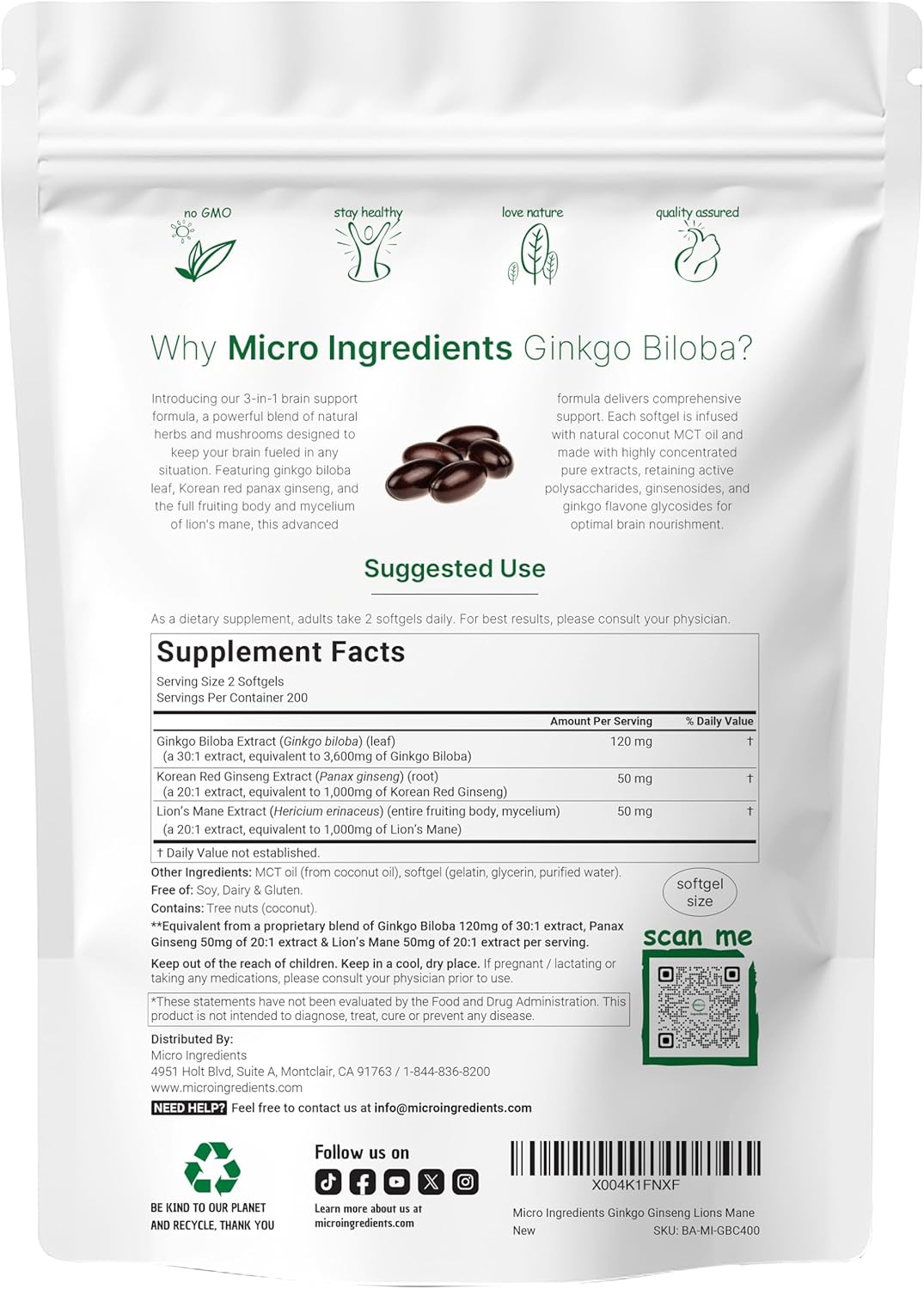 Micro Ingredients ﻿﻿Ginkgo Biloba & Ginseng 5,600mg Equivalent, 400 Softgels | 6 Month Supply | Triple Strength Ginko Biloba & Lions Mane Memory Supplement for Brain, Mood & Cognitive Health
