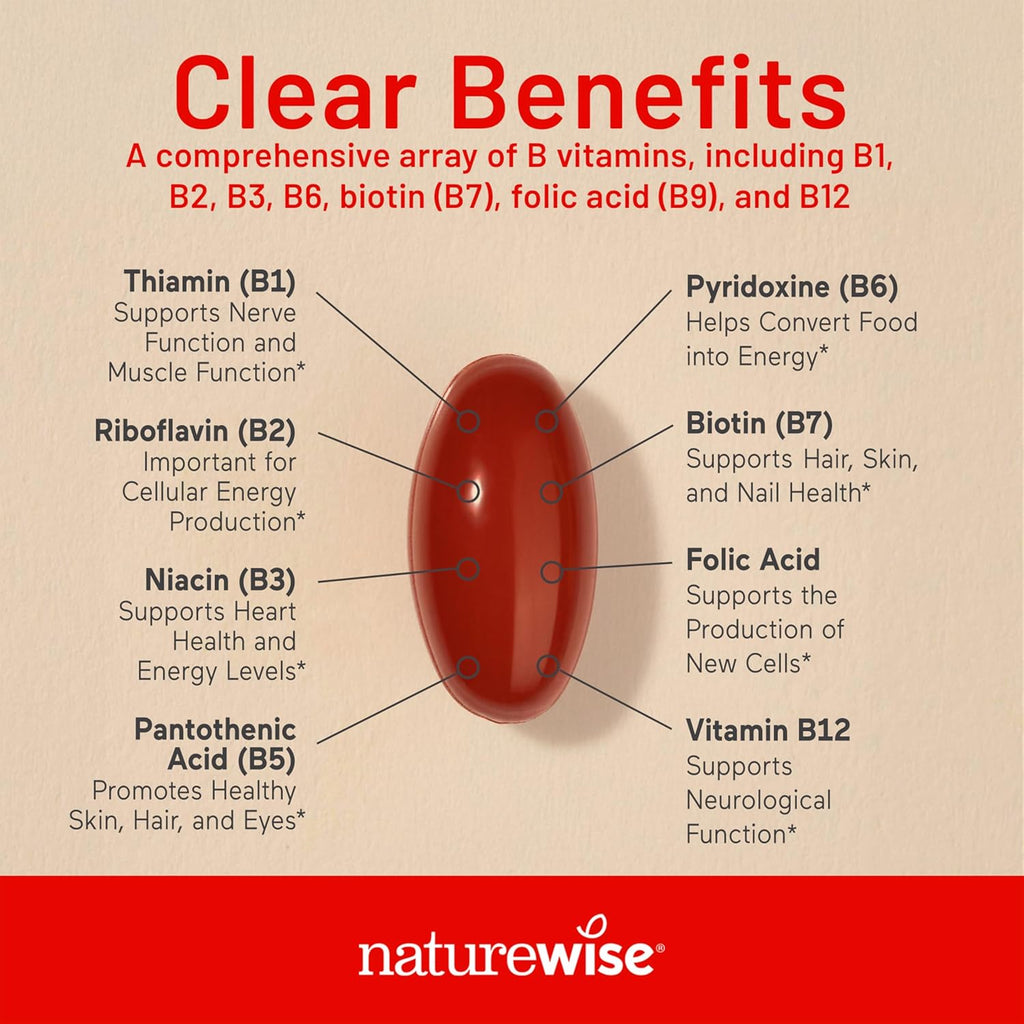 NatureWise Vitamin B Complex for Women and Men - with Folic Acid Biotin B1 B2 B3 B6 B12 - Support Cellular Energy & Mental Clarity - Gluten & Dairy Free, Non-GMO - 360 Softgels[1-Year Supply]