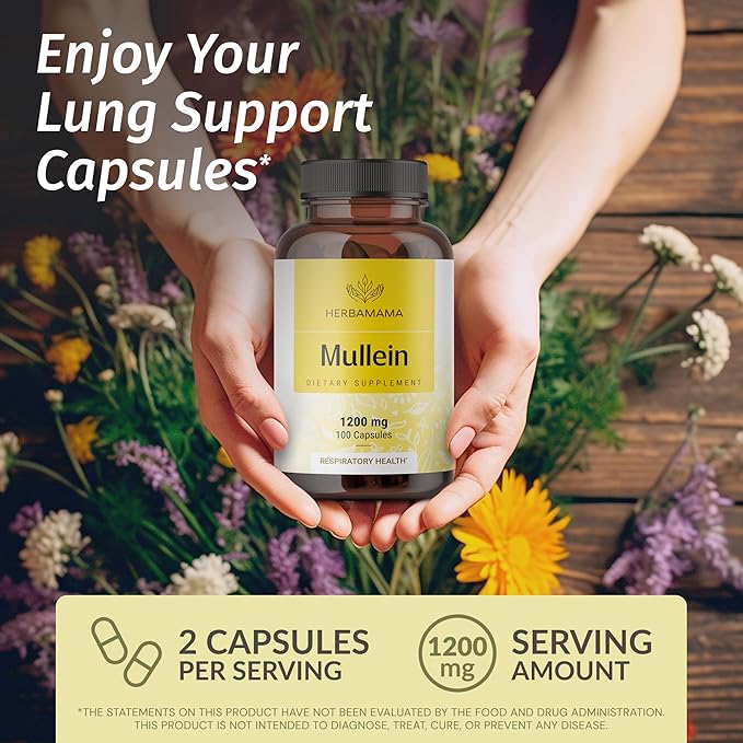 HERBAMAMA Mullein Leaf Capsules - 1200mg Mullein Leaf Extract for Lung Detox Support - Vegan, Non-GMO Respiratory Lung Cleanse Supplement