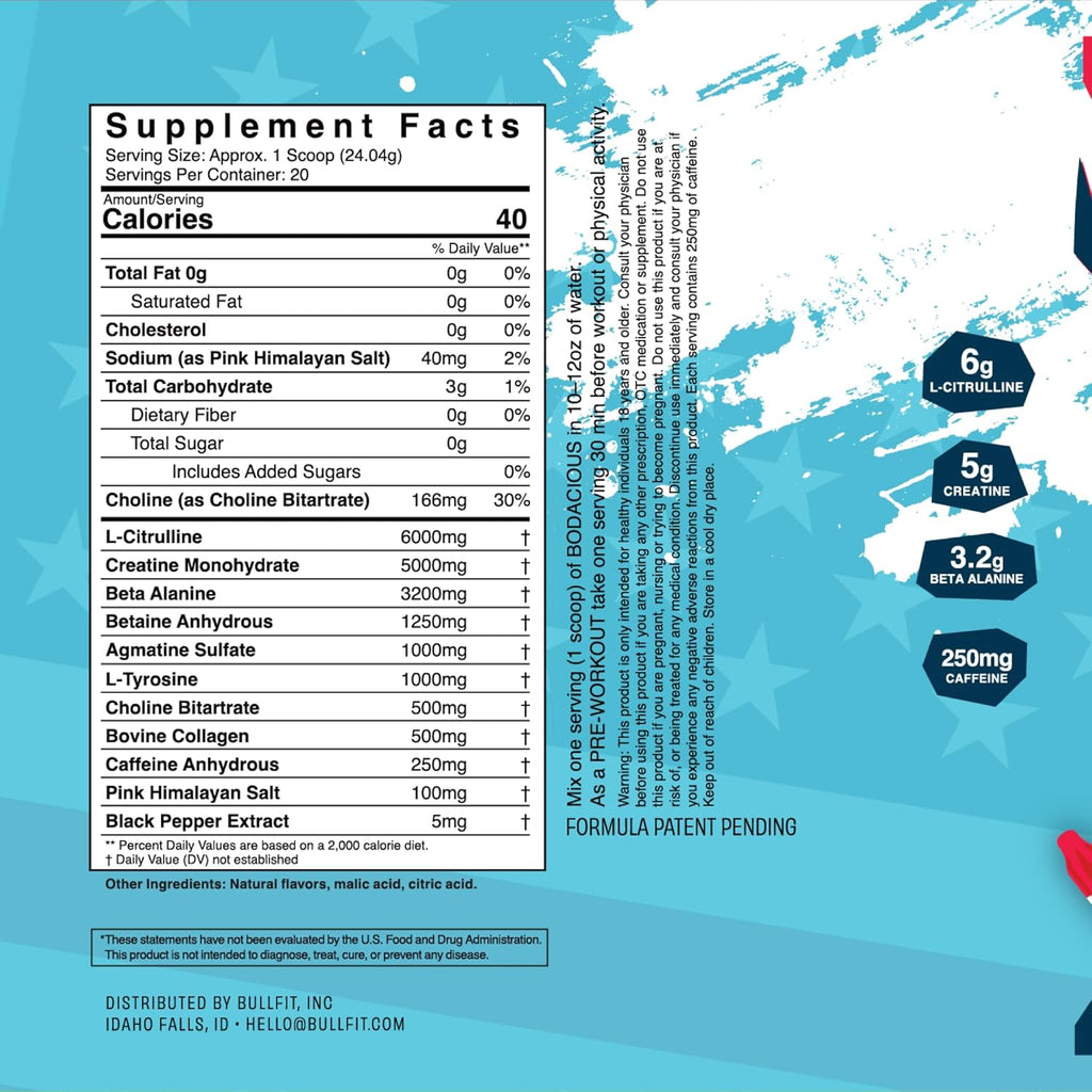 BULLFIT Pre Workout Powder, Support for Men & Women, L Citrulline, Creatine, Beta Alanine & Electrolytes, Powdered Drink Mix with No Sucralose & Zero Sugar, 20 Srvgs (20 SRV, Freedom Pop)