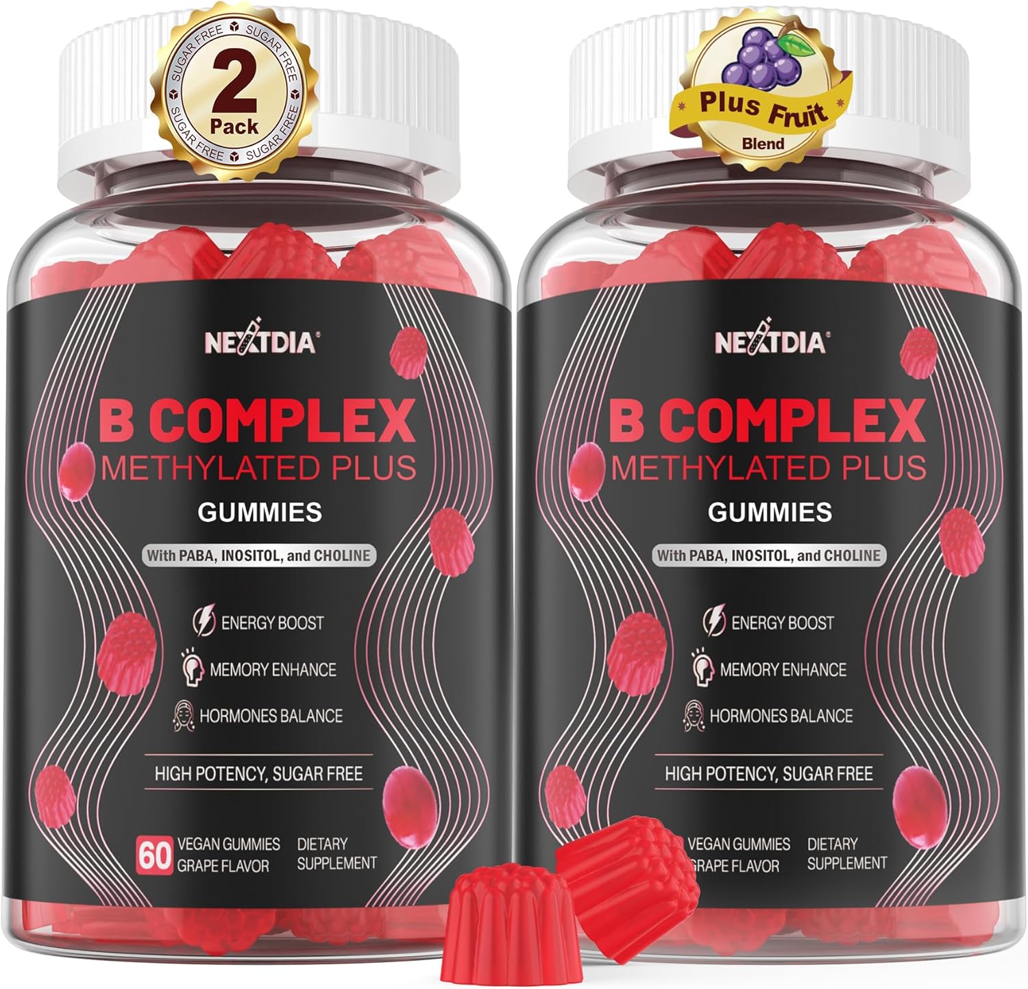 Brain & Mood Support Gummies, Super Vitamin B Complex for Men & Women, All B Vitamin B1 B2 B3 B5 B6 B7 B9 MethyB12 with PABA, Inositol, Choline, Supports MTHFR Gene & Energy, Vegan, 120Ct