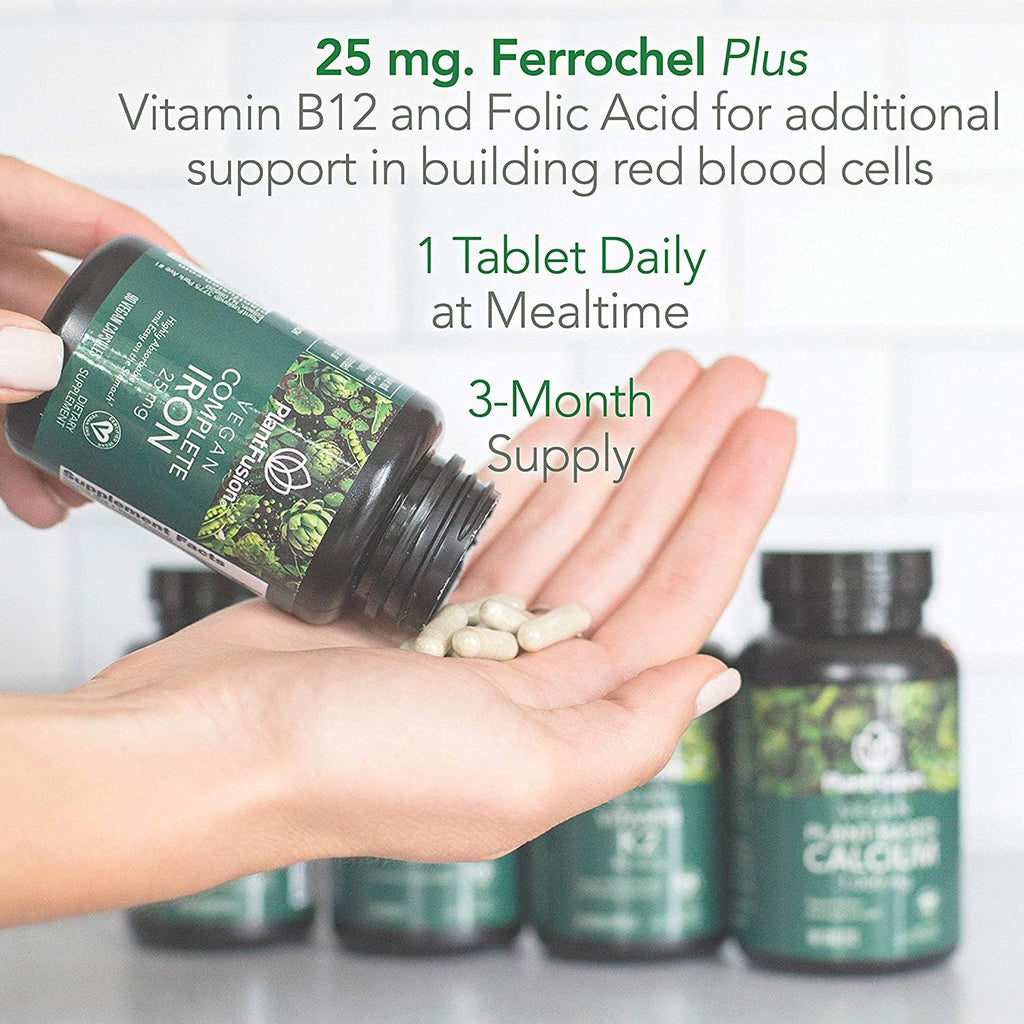 PlantFusion Vegan Iron Supplements from, Premium Plant Based Iron Supplements for Women and Men (25mg), Plus Folate & B12, 90 Veggie Capsules