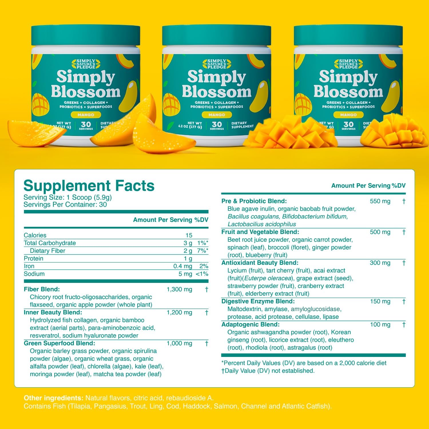 Simply Blossom Nutrition Daily Greens & Superfood Powder + Collagen + Probiotics for Women's Digestive Health & Bloating Relief. Help Your Health Bloom - 2 Month Supply - Mango