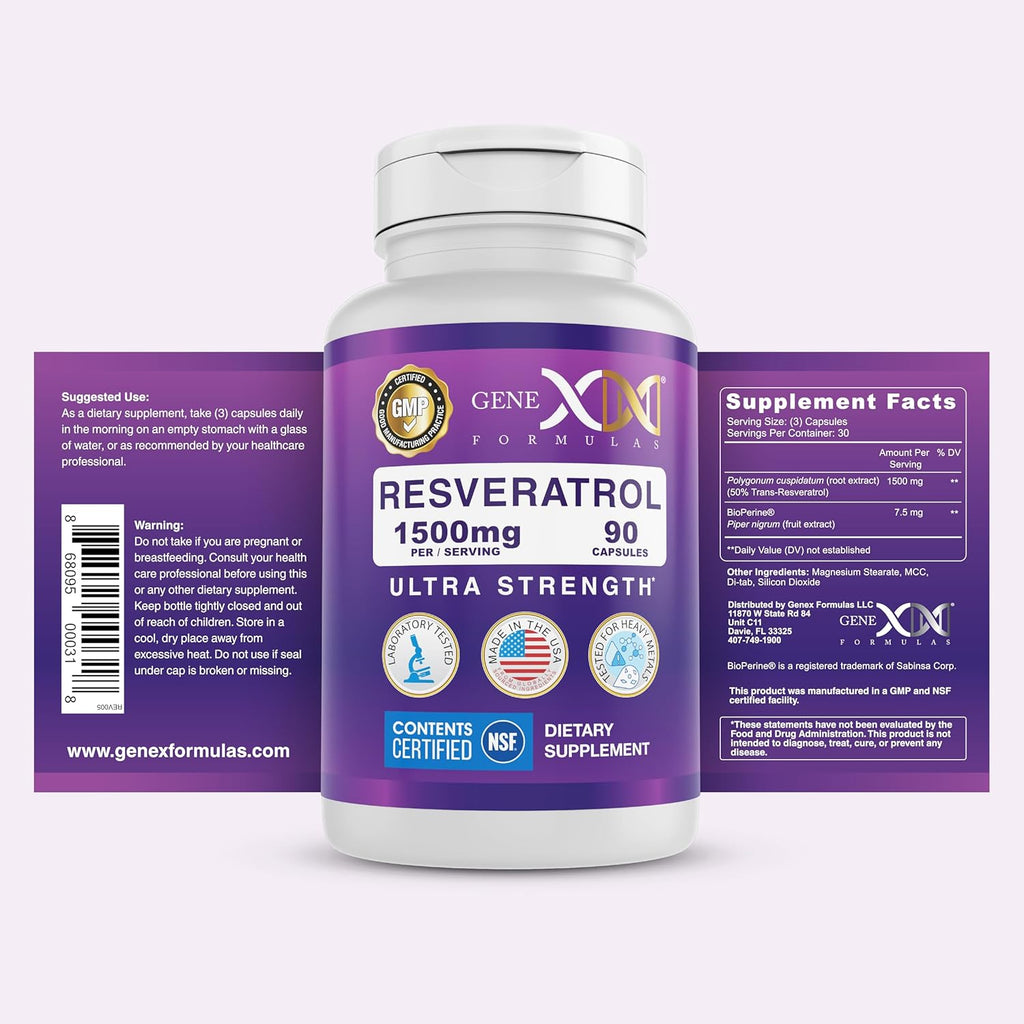 Genex Formulas Resveratrol 1500 mg Supplement for Healthy Aging – NSF Certified for Safety, Quality & Label Accuracy – Potent Antioxidant & Healthy Aging Formula - Gluten Free 90 Count