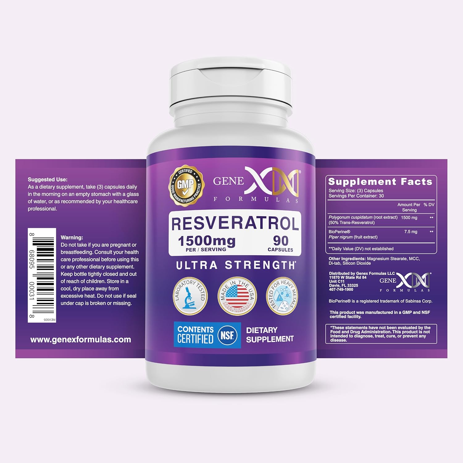 Genex Formulas Resveratrol 1500 mg Supplement for Healthy Aging – NSF Certified for Safety, Quality & Label Accuracy – Potent Antioxidant & Healthy Aging Formula - Gluten Free 90 Count