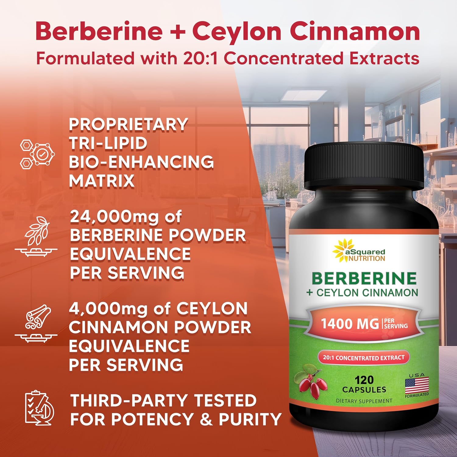 aSquared Nutrition Berberine with Ceylon Cinnamon Supplement - 1400mg Max Strength Complex - 120 Capsules - 1200mg HCl Powder Extract Plus Pills - Alternative to Gummies & Drops