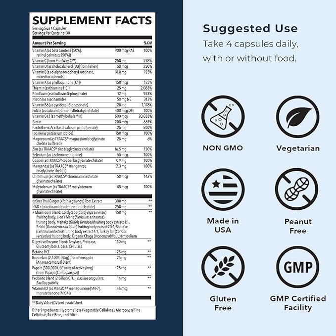 LifeSeasons Men's Multivitamin – High Potency with 21 Vitamins & Minerals, PureWay-C®, NAD+, Active B-Vitamins, TRAACS® Chelates, enXtra® for Energy, Probiotics & Mushrooms – 120 Veg Capsules